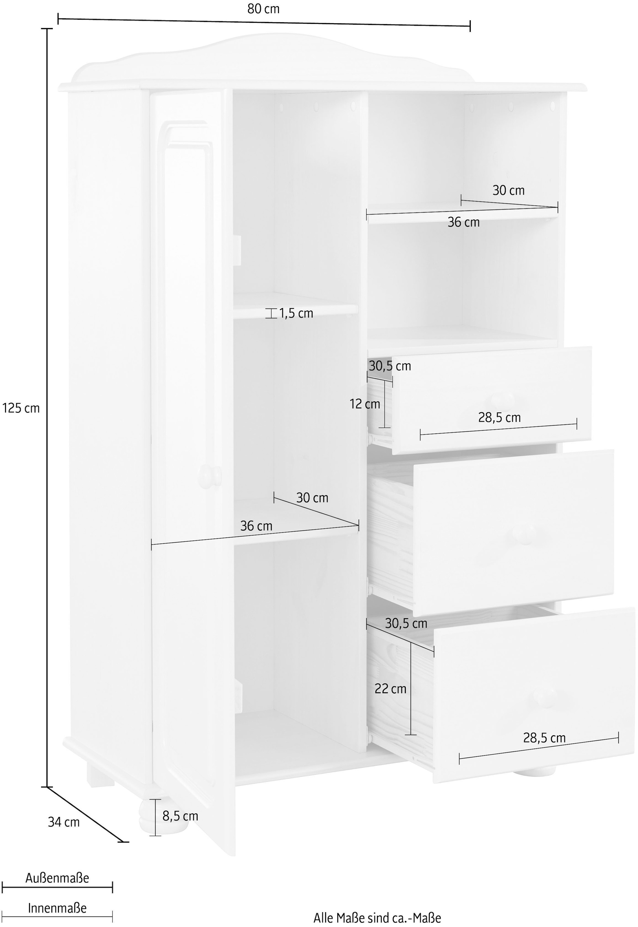 Home affaire Highboard »Mette« Stauraumschrank mit 3 Schubladen und verstellbaren Einlegeböden