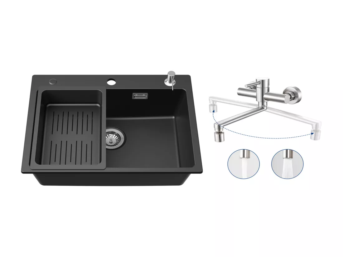 Noir Evier en Quartz et Résine avec Panier de Vidange et Distributeur de Savon 60*45*20cm + Mitigeur de Cuisine Mural avec 2 Jets Brossé