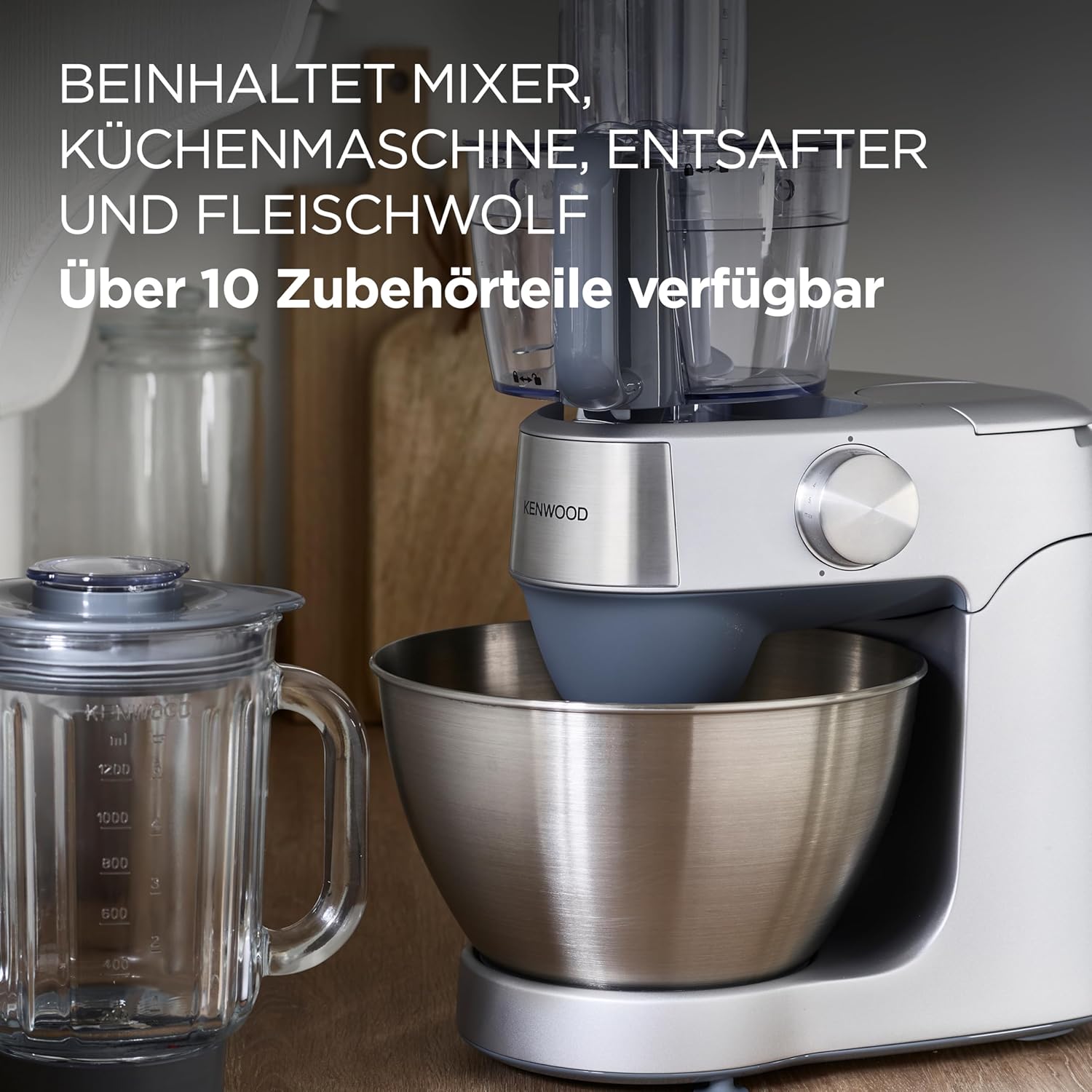 Kenwood Prospero+ KHC29A.R0SI Küchenmaschine, 4,3 L Edelstahlschüssel, inkl. 10-teiligem Zubehör-Set mit Fleischwolf, Glas-Mixer, Zitruspresse, Entsafter und mehr, inkl. EasyWeigh Waage, 1000W, Silber