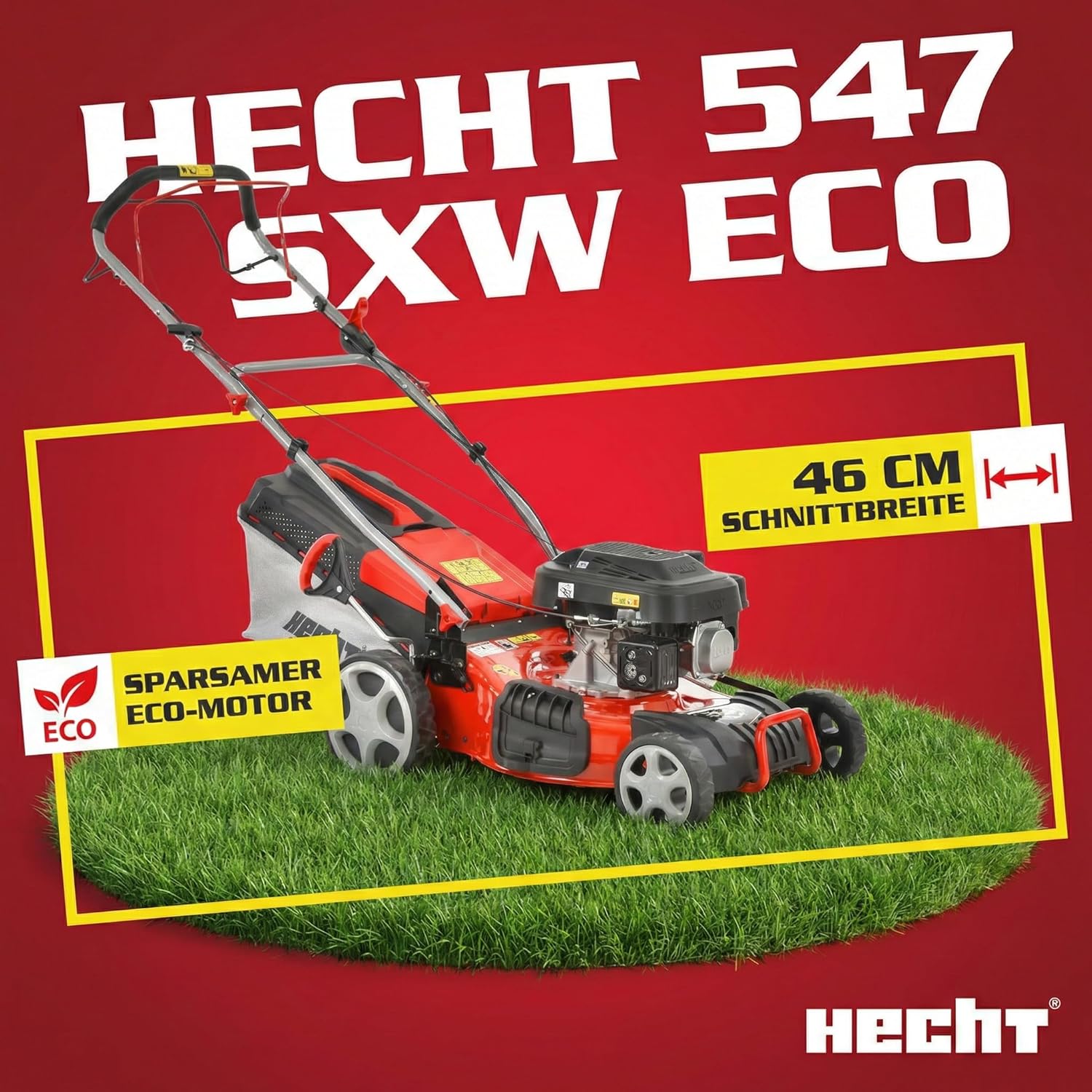 HECHT 5IN1 Rasenmäher Benzin – Bequemer Selbstantrieb - Für Flächen bis 1000 m² - Starker 4 Takt Motor mit 46 cm Schnittbreite – Radantrieb – Mulchfunktion – Seitenauswurf - Rasenmäher Benzin
