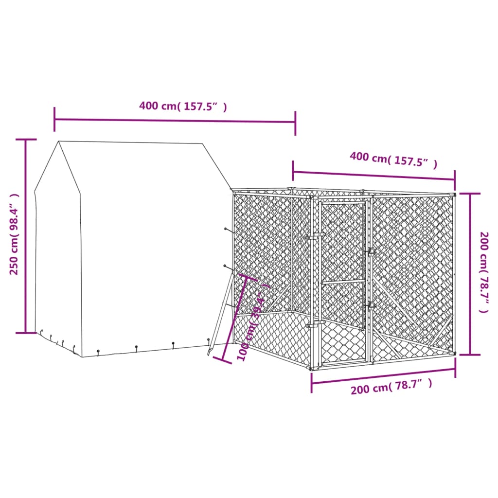 Canil externo para cães vidaXL com telhado, aço galvanizado, prata, 4x4x2,5 m