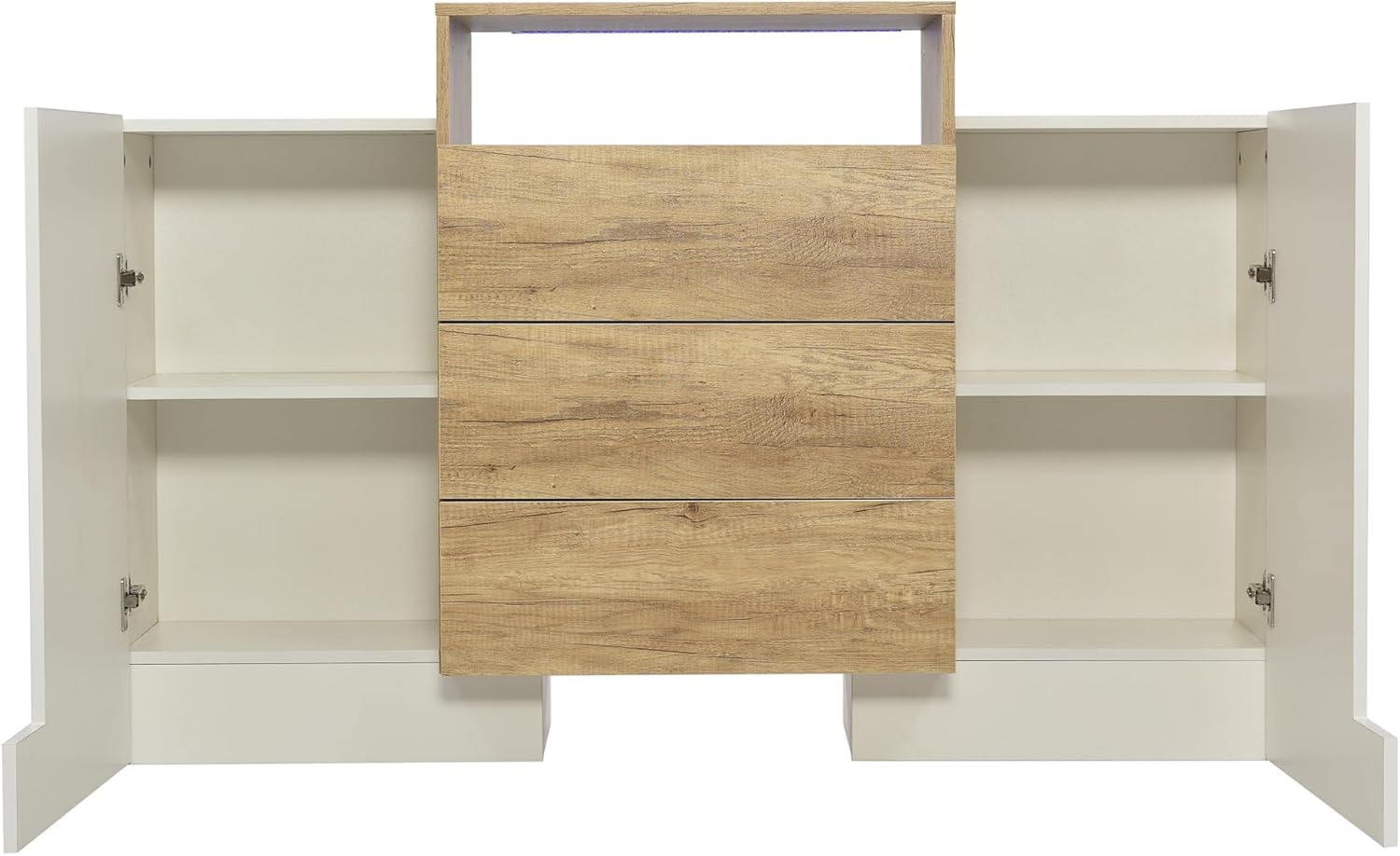Moimhear Sideboard, Kommode, 140x30x77.5cm, Hochglanz-Weiß und Holzfarbe, LED-Lichteffekte, Teilweise glänzende Oberfläche