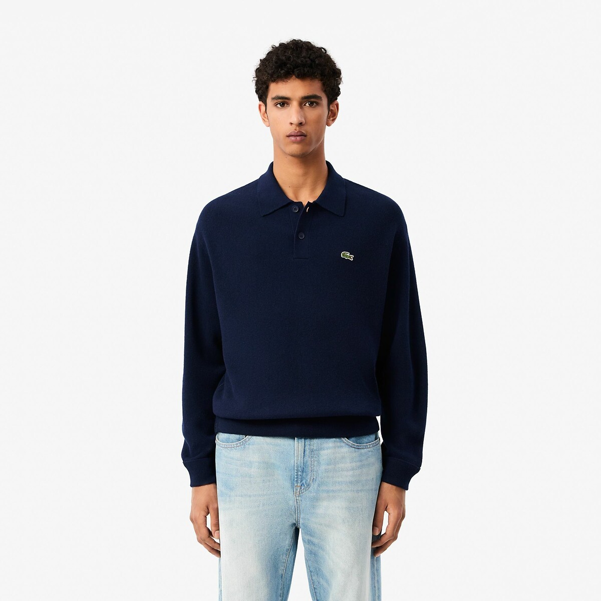 Suéter LACOSTE com gola polo, modelagem relaxada, em lã cardada.
