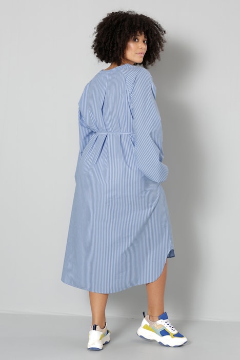 Midikleid, A-Line, Streifen, Tunika-Ausschnitt, Taillenband, Langarm