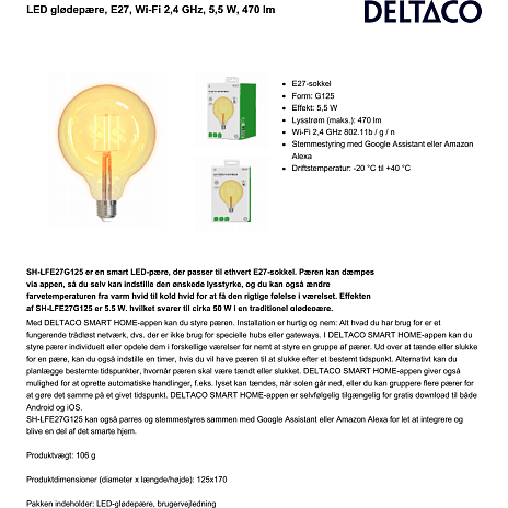 Deltaco E27 Smart Filament LED glødepære (Hvid)