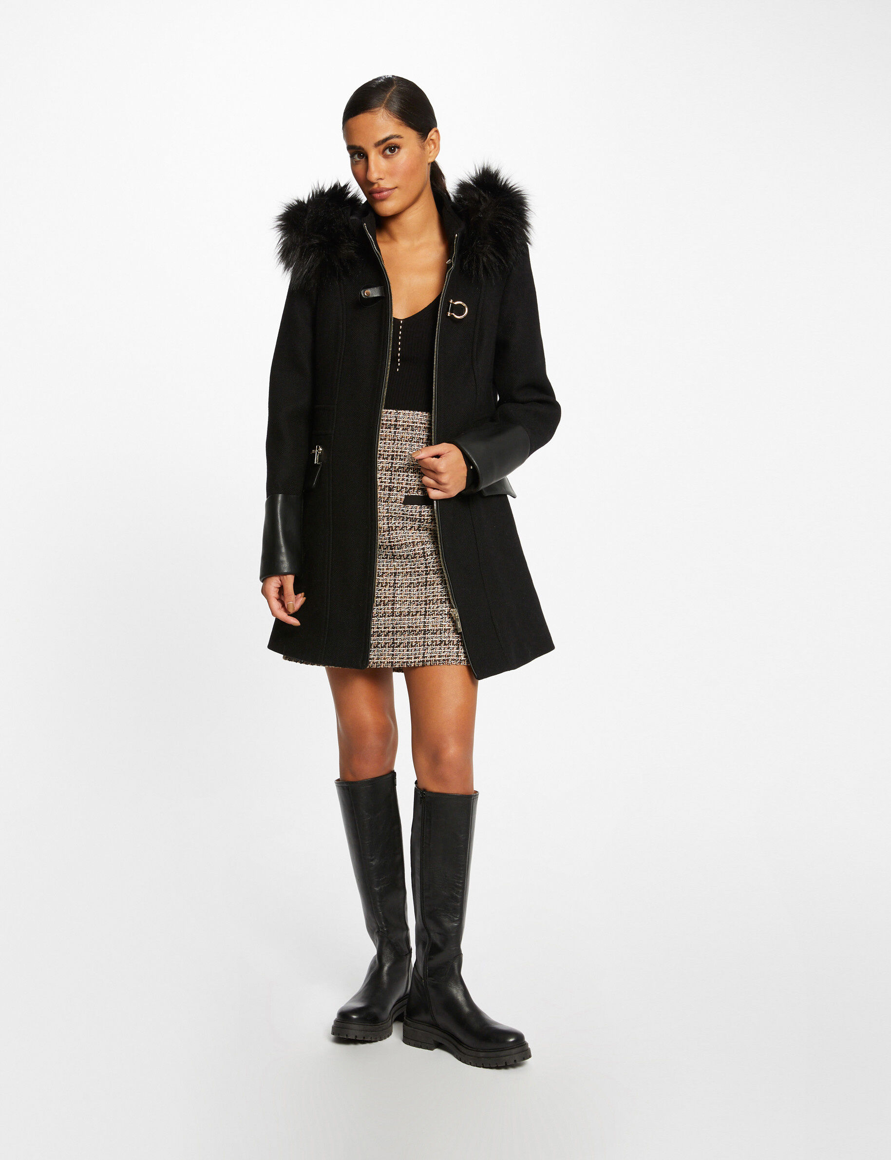 Manteau droit zippé à capuche noir femme - noir