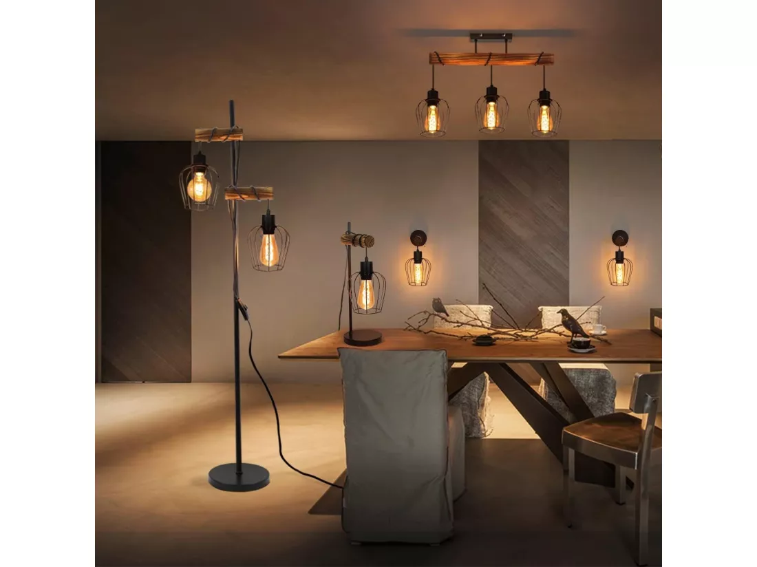 NETTLIFE Lampe de table rétro 1 flamme lampe de chevet vintage en métal et bois - noir - douille : E27 - interrupteur inclus - ampoules non comprises