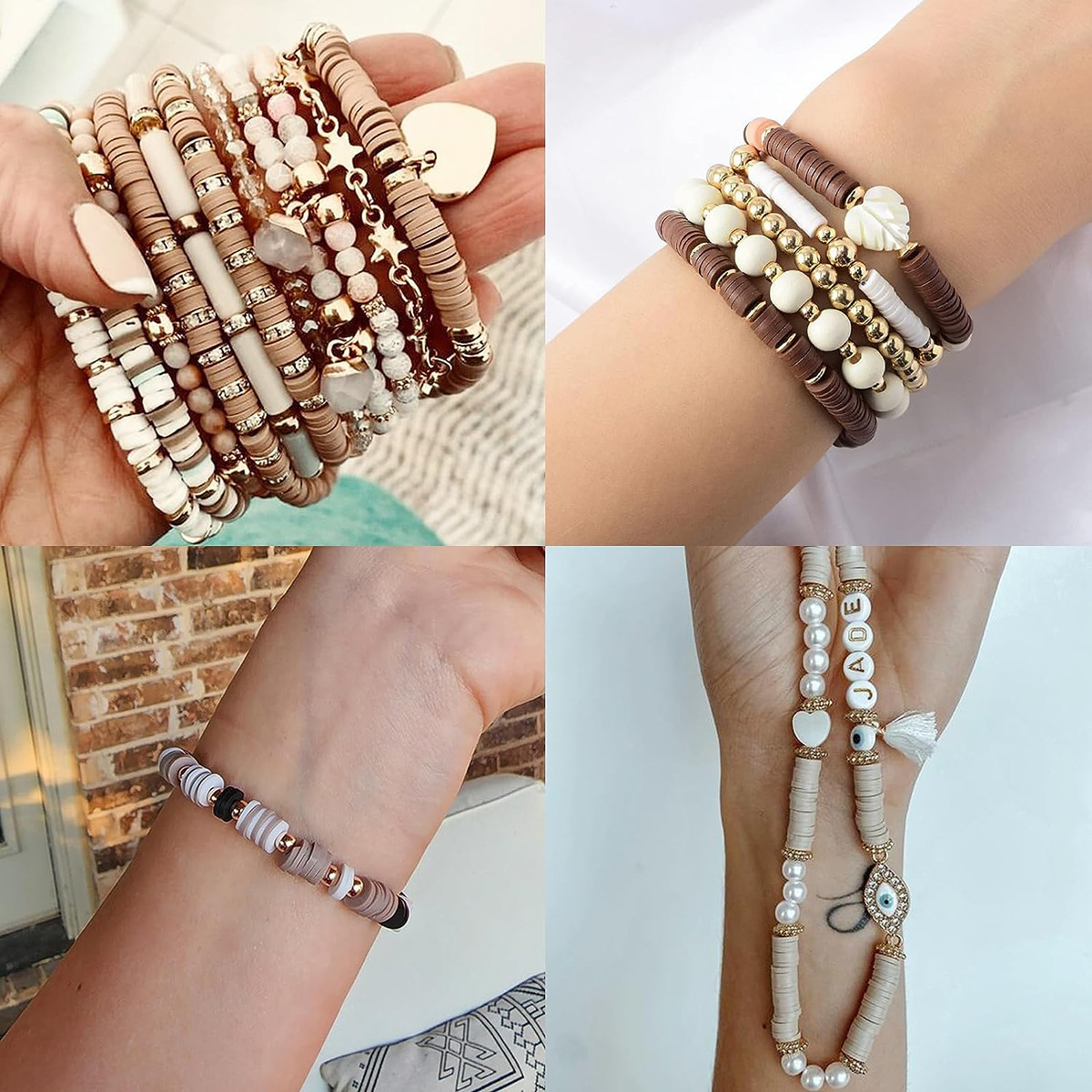 (2414er Set) 6mm Flache Gummi Perlen DIY Bastel Schmuck Buchstaben Zwischenperle für Armband / Kette - Braun / Schwarz / Weiss / Gold