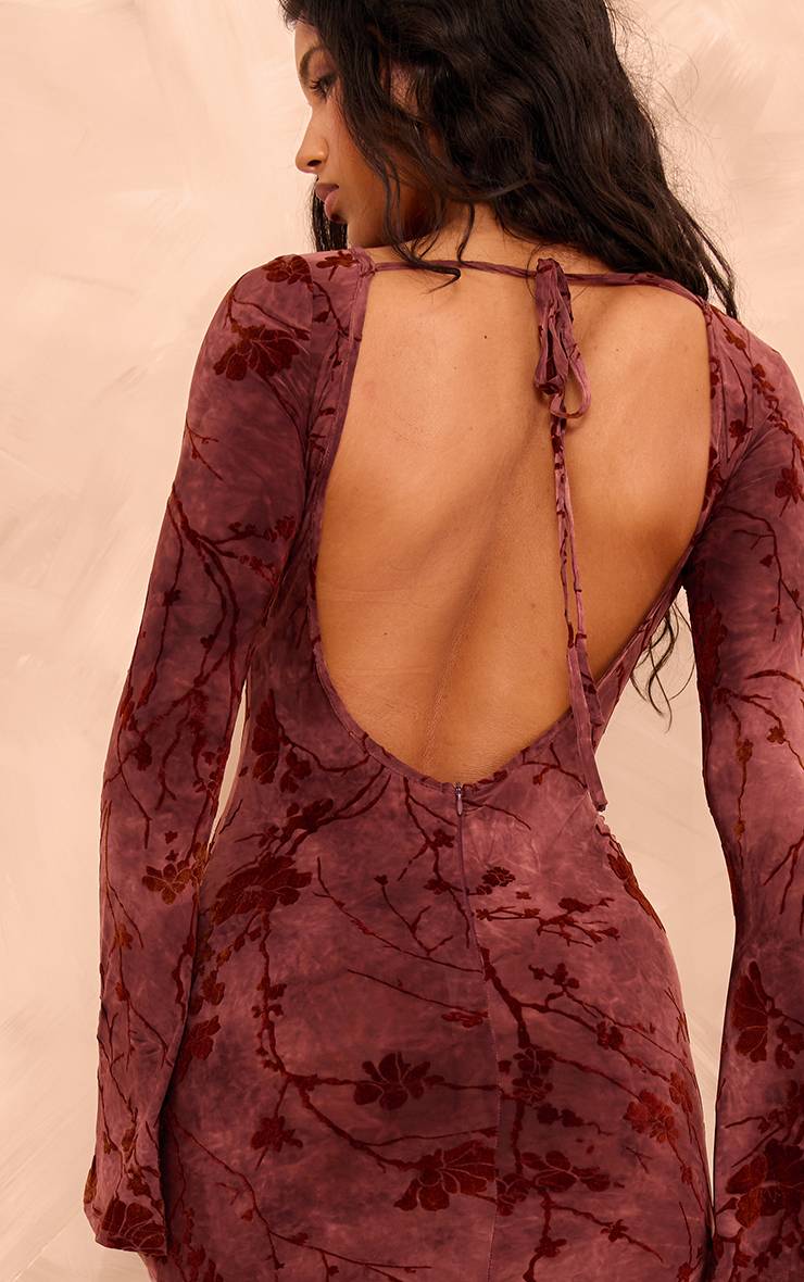 Rouge Bordeaux Robe Longue Maxi À Manches Longues En Dévoré Fleuri
