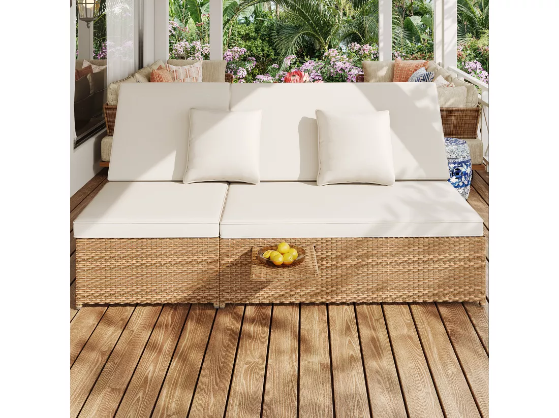 Salon de jardin pour 2 personnes - Canapé lounge en rotin PE avec 2 oreillers et pliable - Ensemble de chaises longues de jardin - Naturel