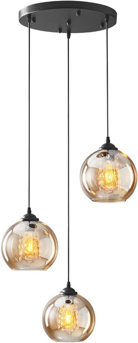 H.W.S Glas Pendelleuchte Kristall Pendellampe Modern Kugel Kronleuchter Design Kreative Hängeleuchte Höhenverstellbar Innen Dekoration Hängelampe Wohnzimmer Leuchte (Amber, 3 flamming round)