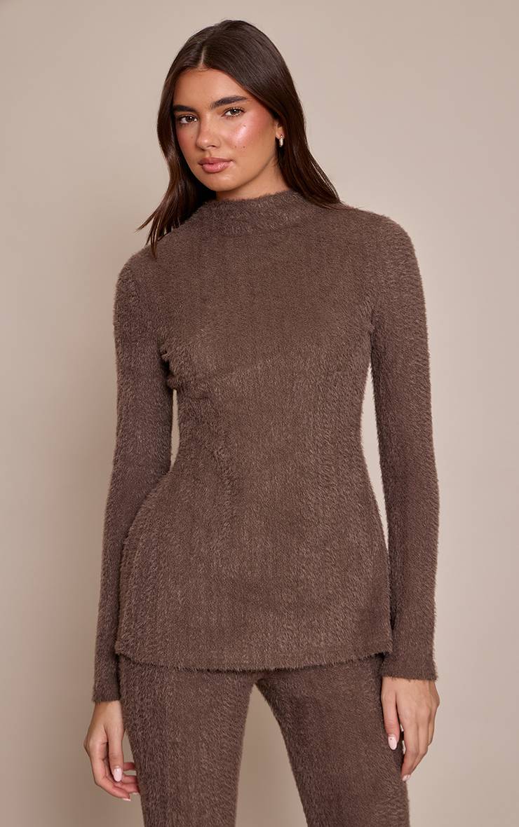 Deep Taupe Haut Long Texturé Brossé Taupe Foncé Avec Liens Dans Le Dos