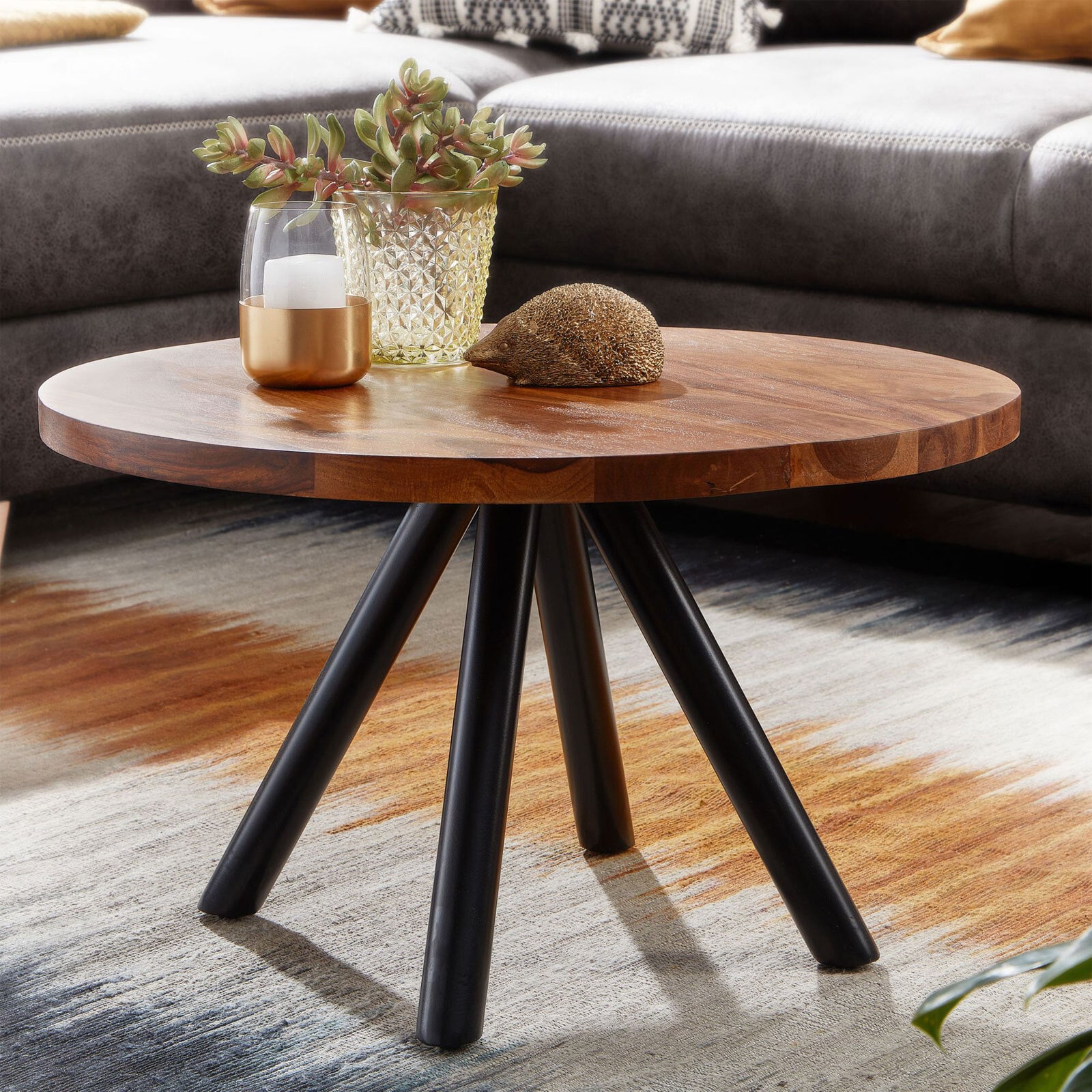 Couchtisch rund Ø 60 x 35 cm Sheesham massiv/Schwarz