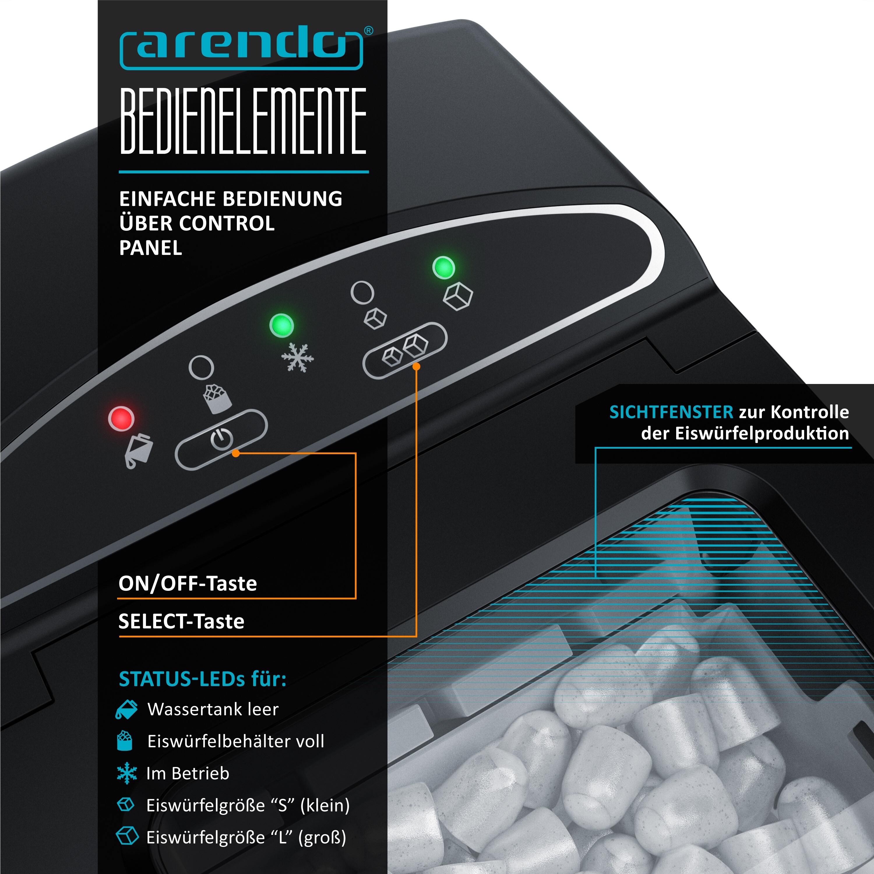 Arendo Eiswürfelmaschine elektrisch 105 W, Eiswürfelbereiter, 1,8 Liter Wassertank, Ice Cube Maker, 9 Eiswürfel pro Durchgang, 12 - 15 kg / 24 h, Grau