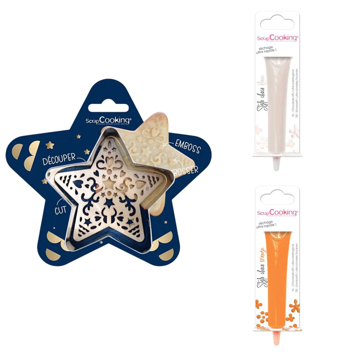 Kit pour biscuit en relief Étoile + 2 Stylos au chocolat blanc et oran