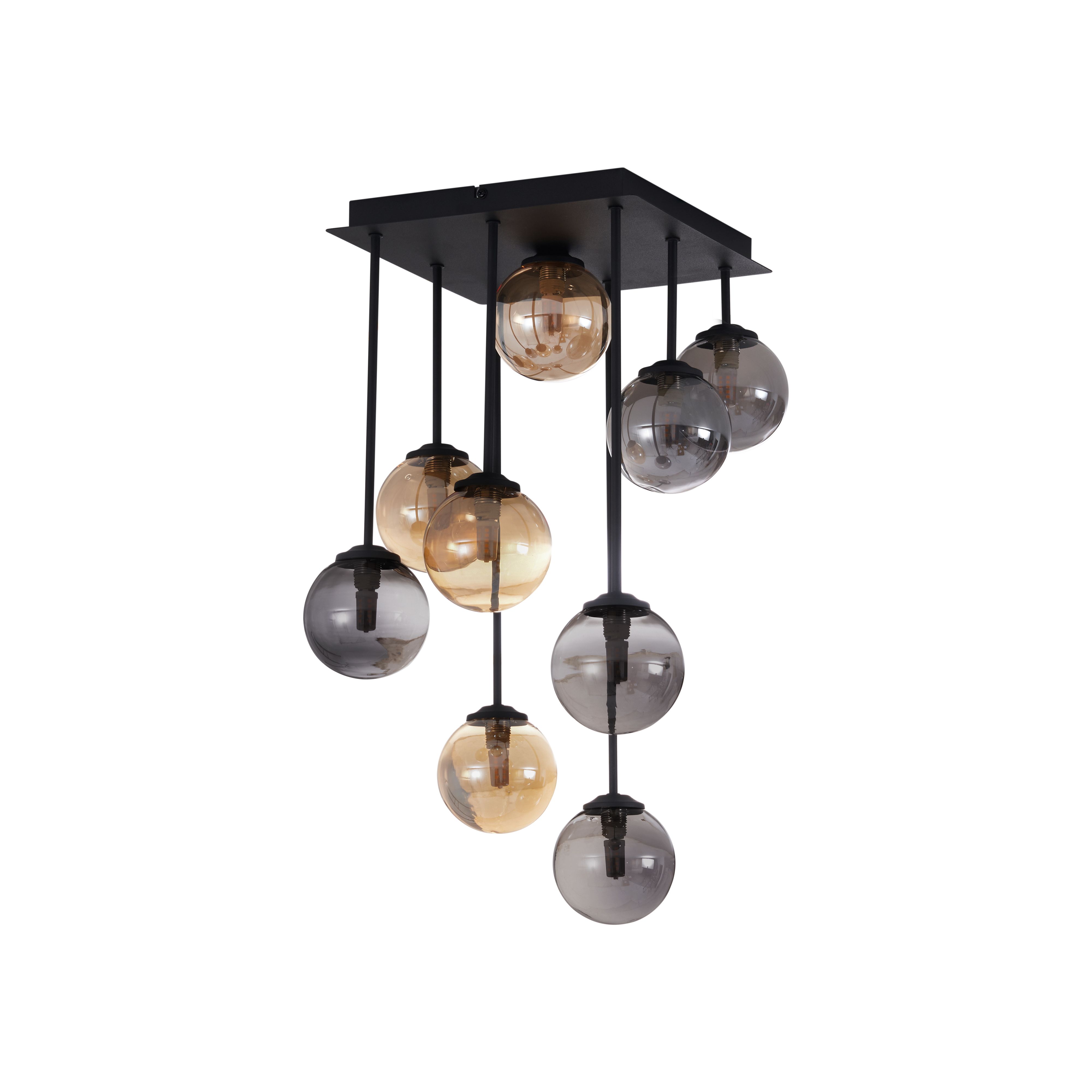 Moderne plafondlamp zwart met amber en smoke glas 9-lichts - Athens