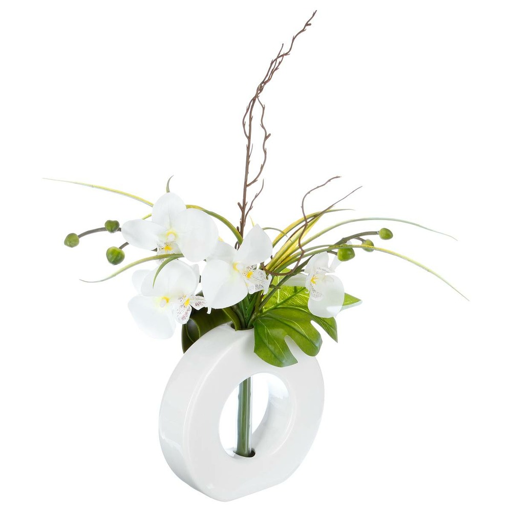 Composition florale artificielle d'orchidées avec vase céramique h 44 cm