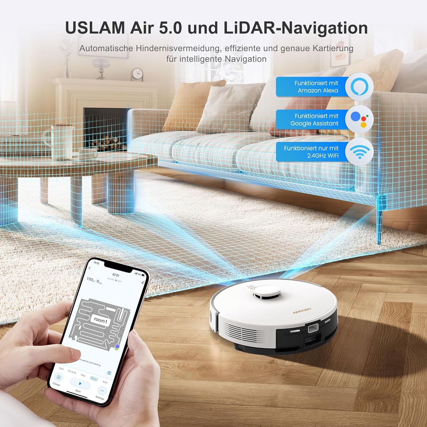AIRROBO Saugroboter mit Wischfunktion, 3.5L Staubsauger Roboter mit Absaugstation, 180Min Laufzeit, LiDAR Navigation, Starker Saugkraft, Automatischer Entleerung, App-Steuerung