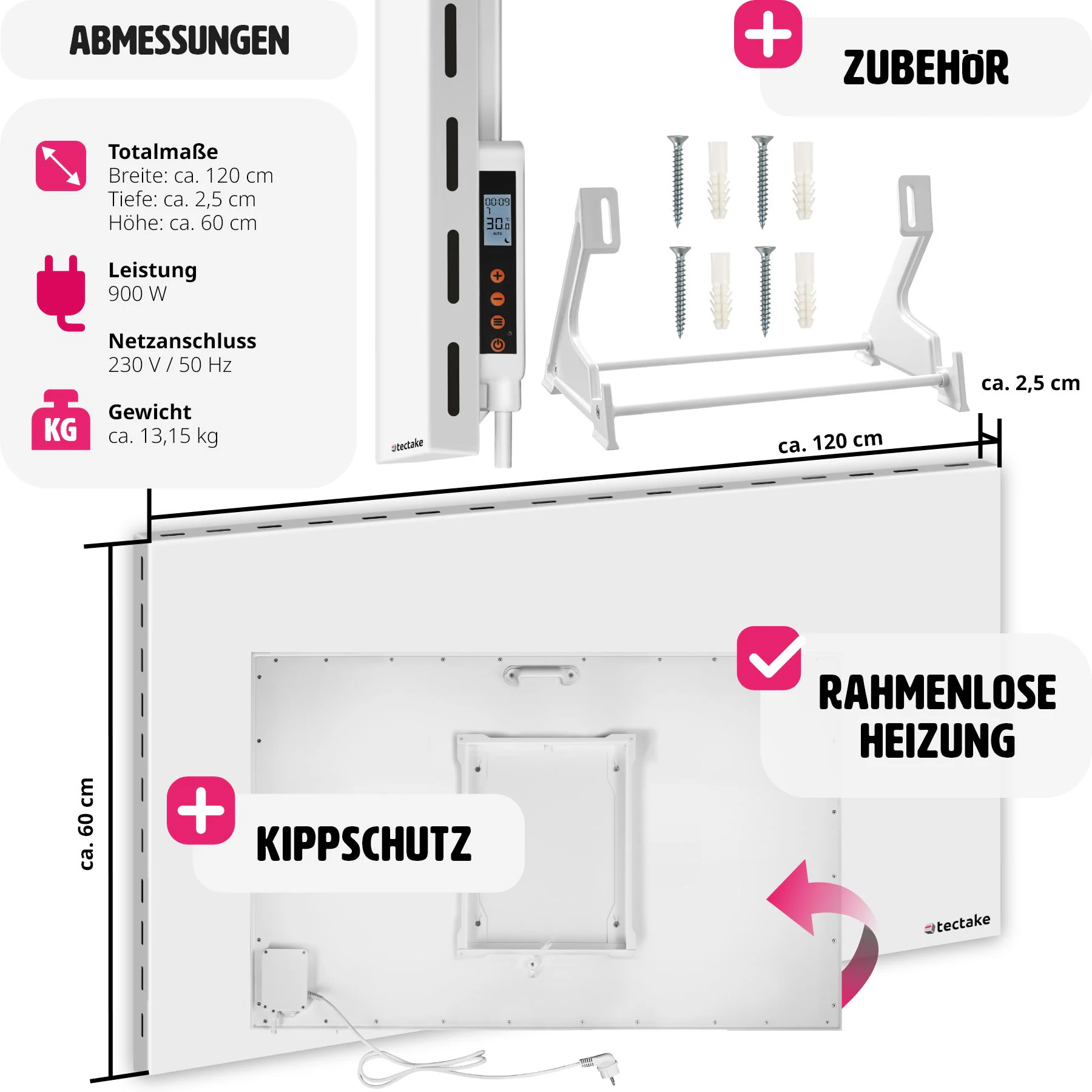 tectake® Hybrid Infrarotheizung, rahmenlos mit Thermostat, Überhitzungsschutz, einfache Wand- oder Deckenmontage, inklusive Ständer