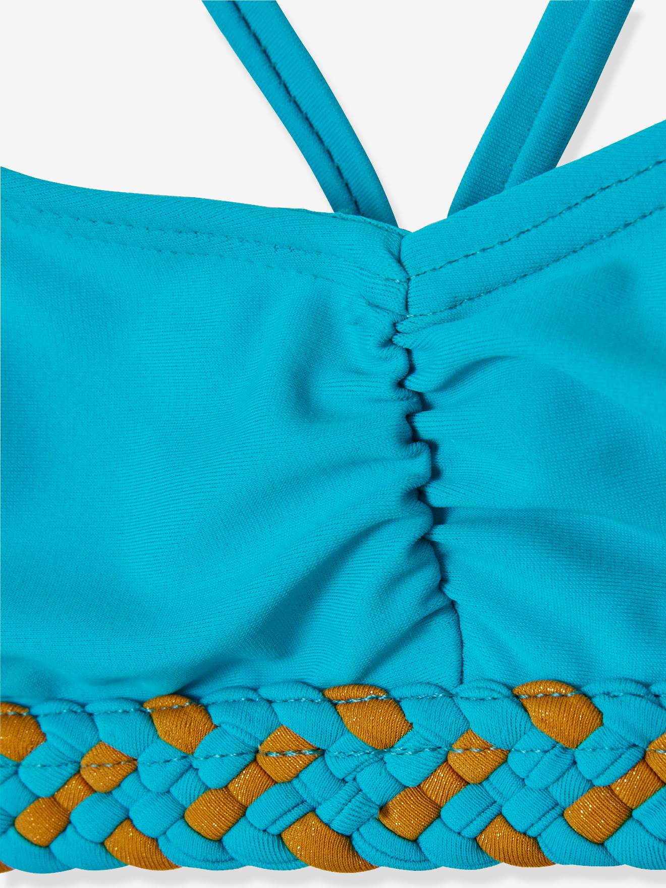 Biquíni liso azul médio para meninas com estampas