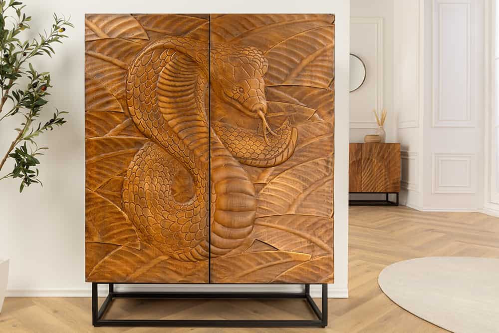 Massives Highboard SNAKE 120cm braun schwarz Mangoholz Schlangen-Design mit aufwendigen 3D Schnitzereien