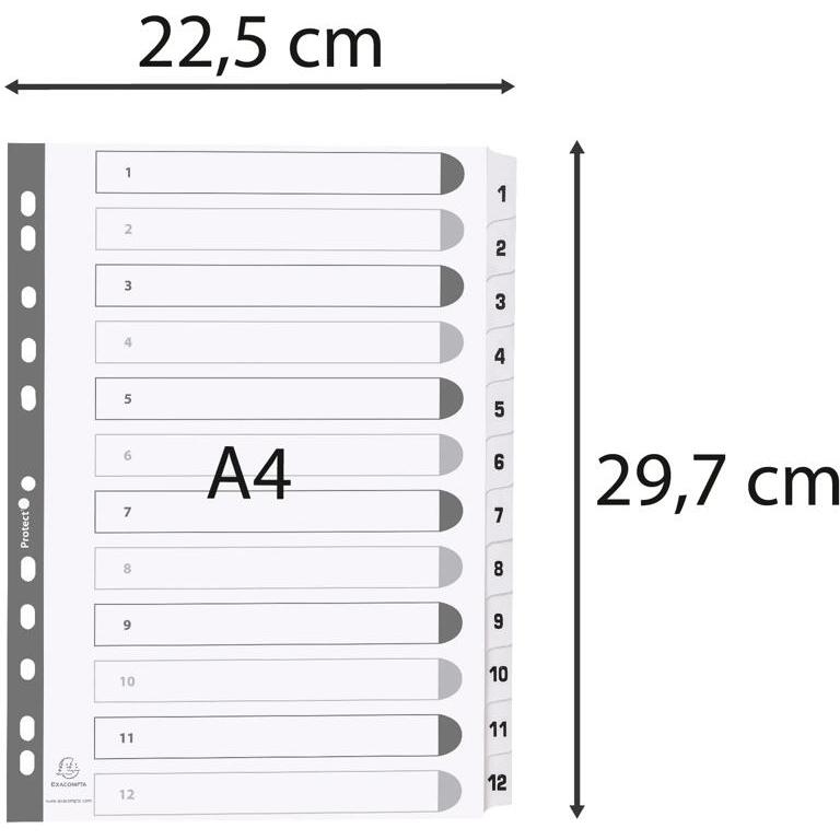 Intercalaires imprimés à touches plastifiées - 12 touches 1 à 12 - A4 - Blanc