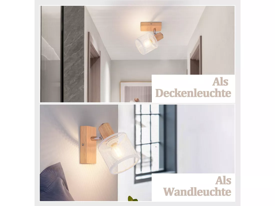 NETTLIFE Plafonnier 1 Spots blanc aspect bois - plafonnier E14 orientable 350° 4 ampoules max 40w moderne pour salon chambre cuisine.