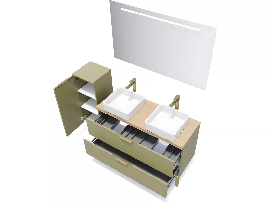 Meuble de salle de bain suspendu 2 vasques à poser 120cm 2 tiroirs Vert olive - Venice
