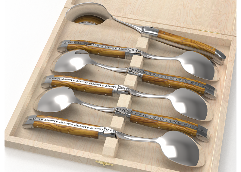 Service de 6 petites cuillères Laguiole avec un manche en bois d'olivier et mitres en acier inoxydable