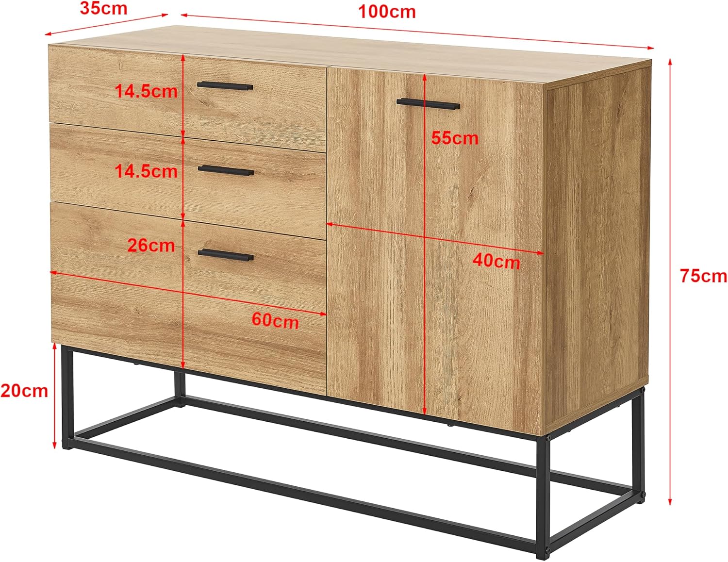 [en.casa] Sideboard Lavangen Wohnzimmerschrank mit 1 Tür und 3 Schubladen Kommode Buffetschrank mit Verstellbarer Ablage 75 x 100 x 35 cm Eicheoptik