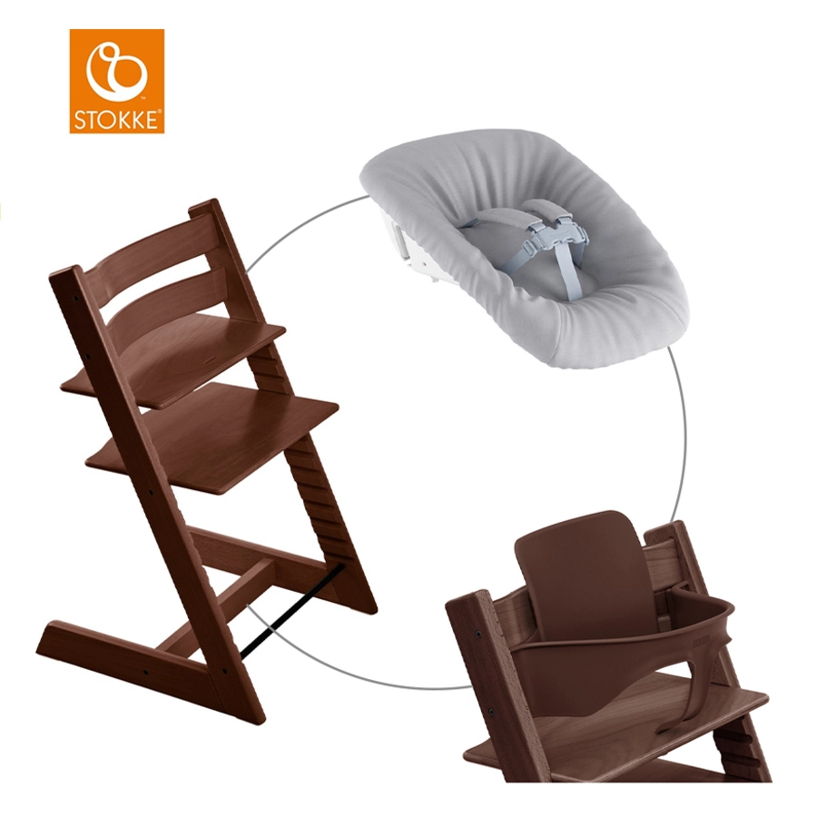 STOKKE® Mega Tripp Trapp® Set Hochstuhl Buche walnussbraun inkl. Newborn Set™ Grey und Baby Set walnussbraun