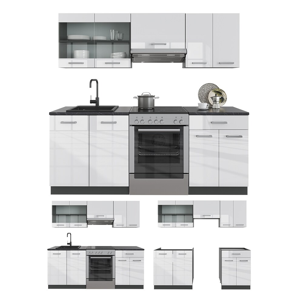 Vicco KÜCHE R-LINE 200CM KÜCHENZEILE KÜCHENBLOCK EINBAU Anthrazit Weiß Hochglanz