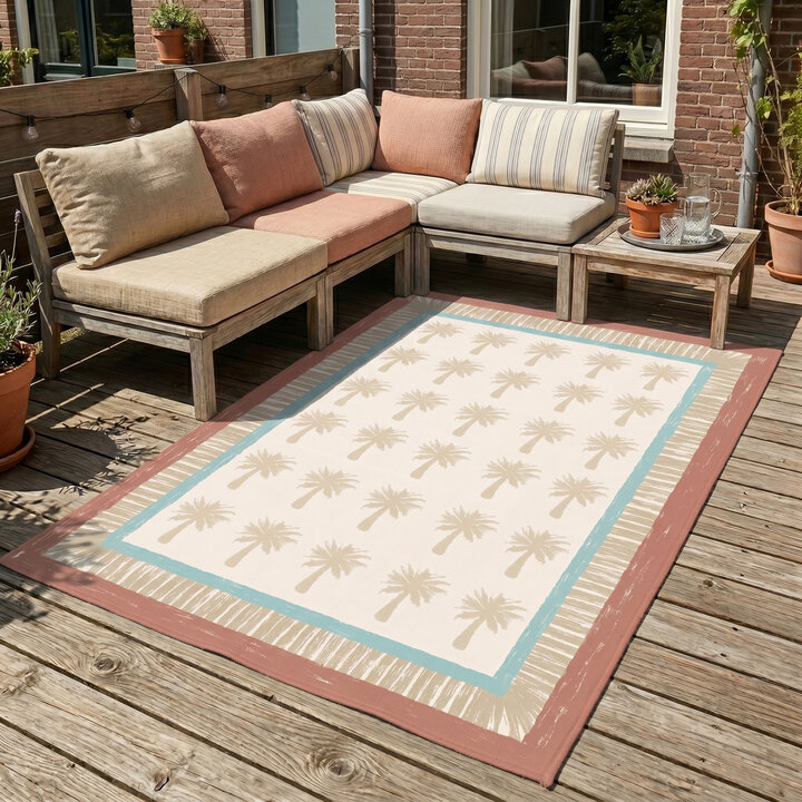 Buitenvloerkleed - Oasis Palm Blauw/Rood | OEKO-TEX & Wasbaar