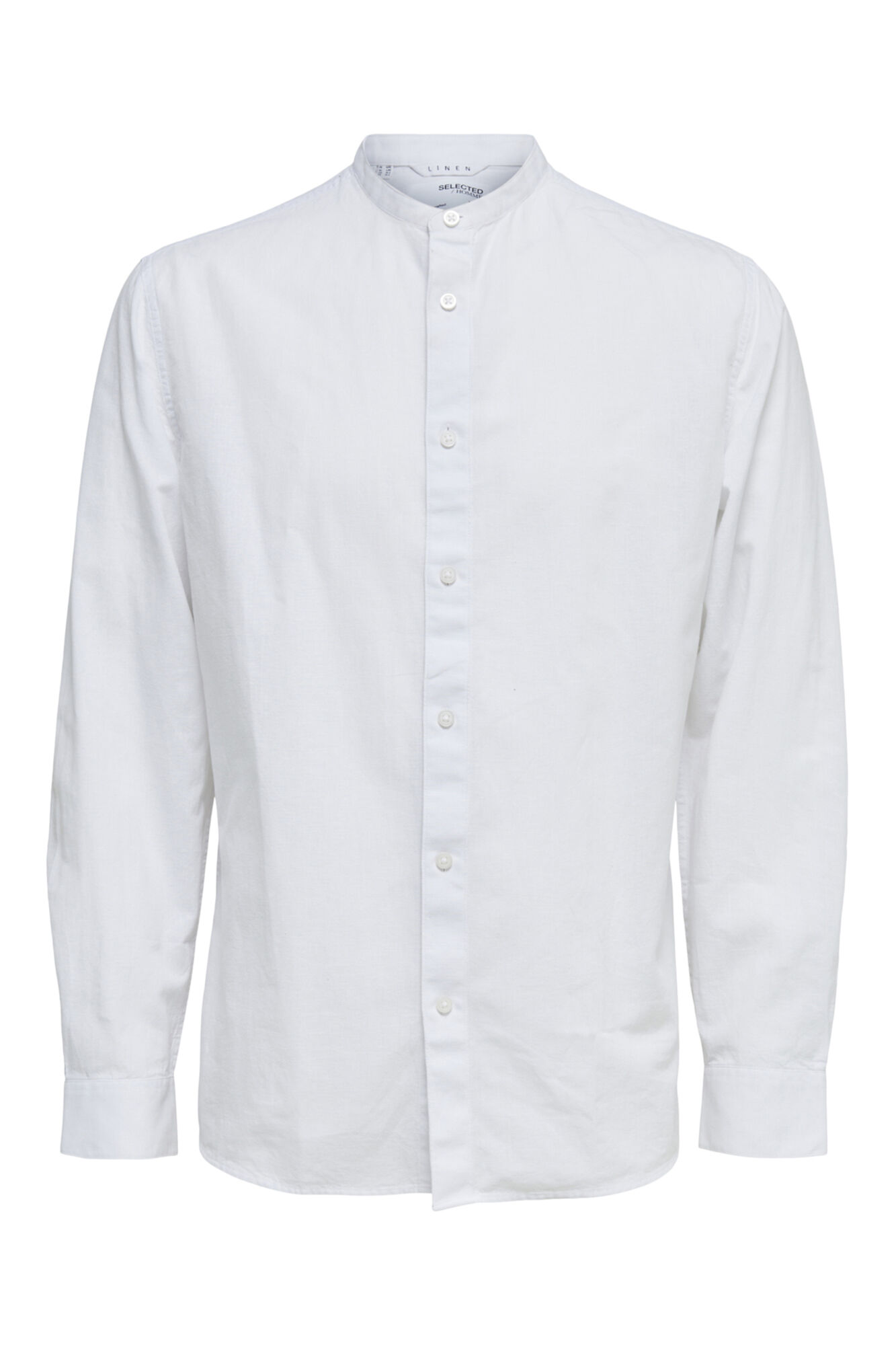 Camisa de manga comprida com gola mandarim, confeccionada em linho e algodão orgânicos. - Branca