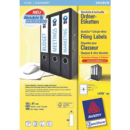 Avery Zweckform L4761-100 Ordnerrücken Etiketten A4, mit ultragrip, 61 x 192 mm, breit/kurz, 100 Bogen/400 Etiketten, weiß