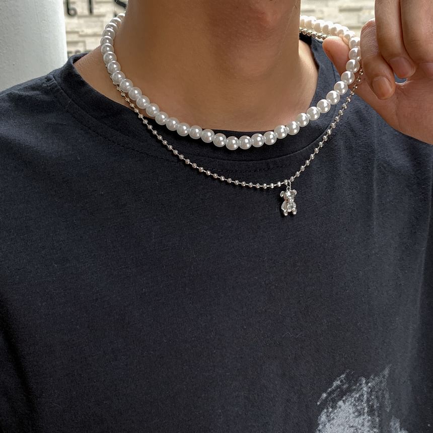 Gretlyn - Bear Pendant Faux Pearl Layered Necklace