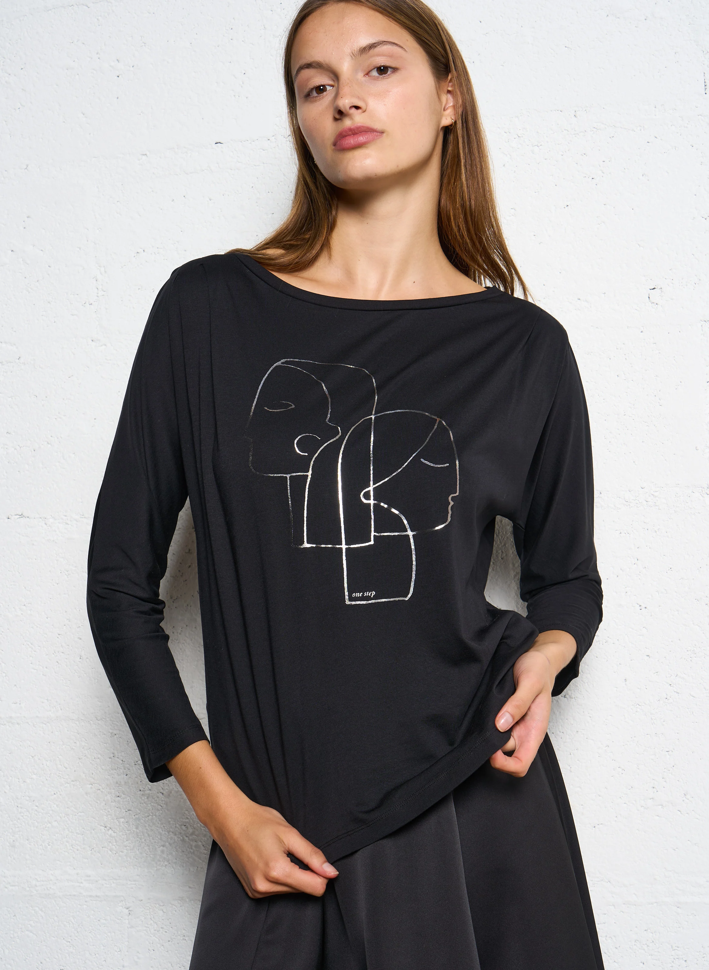 MARNIE - Tee-shirt col bateau en coton mélangé | Noir