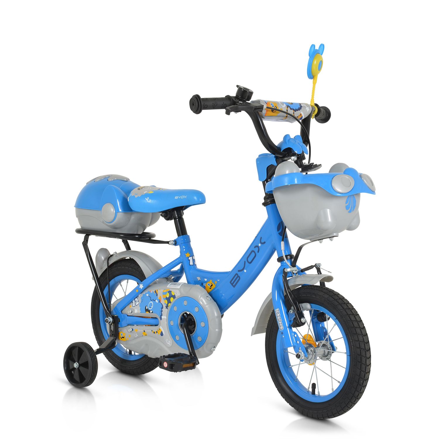 Byox Kinderfahrrad 1202 12 Zoll mit Stützräder, Körbe, Rückspiegel, Klingel blau