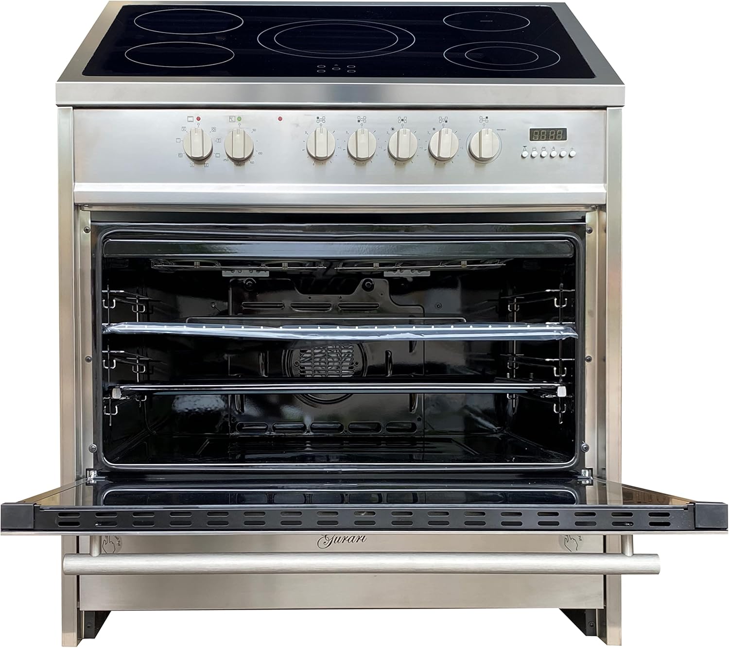 Elektro Standherd 90 cm GCH E 912 X Glaskeramik Herd Range Coocker 121 L | Heißluft | Grill | 5 Hi-Light Zonen Kochfeld | Teleskopauszug | Edelstahl Grau/Silber