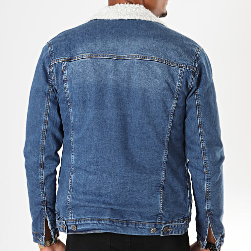 Veste Jean Slim Fit A Col Mouton Bleu Denim