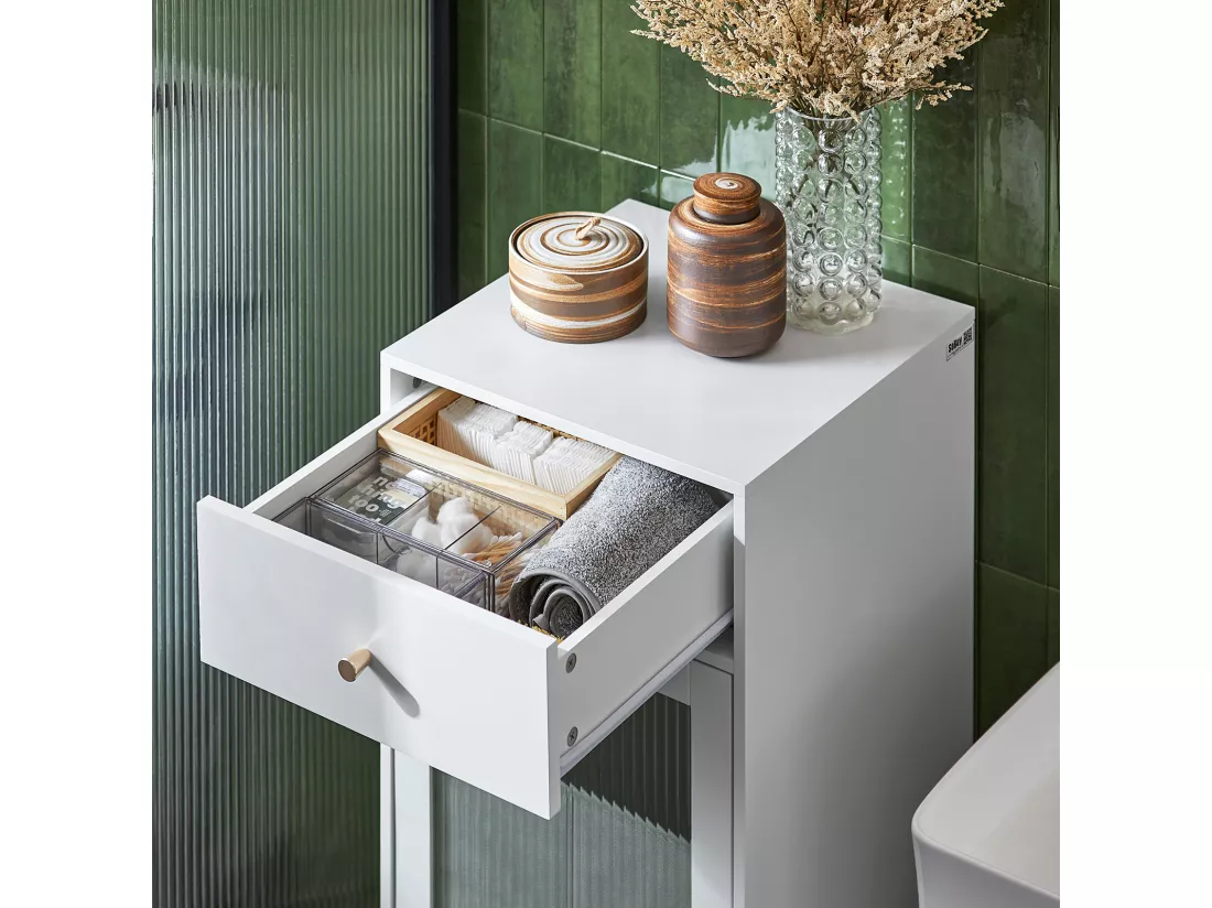 SoBuy BZR116-W Armoire à Linge Meuble Bas de Salle de Bain sur Pieds Meuble Salle de Bain avec 1 tiroir, 1 Porte en Verre et 1 Panier à Linge Amovible