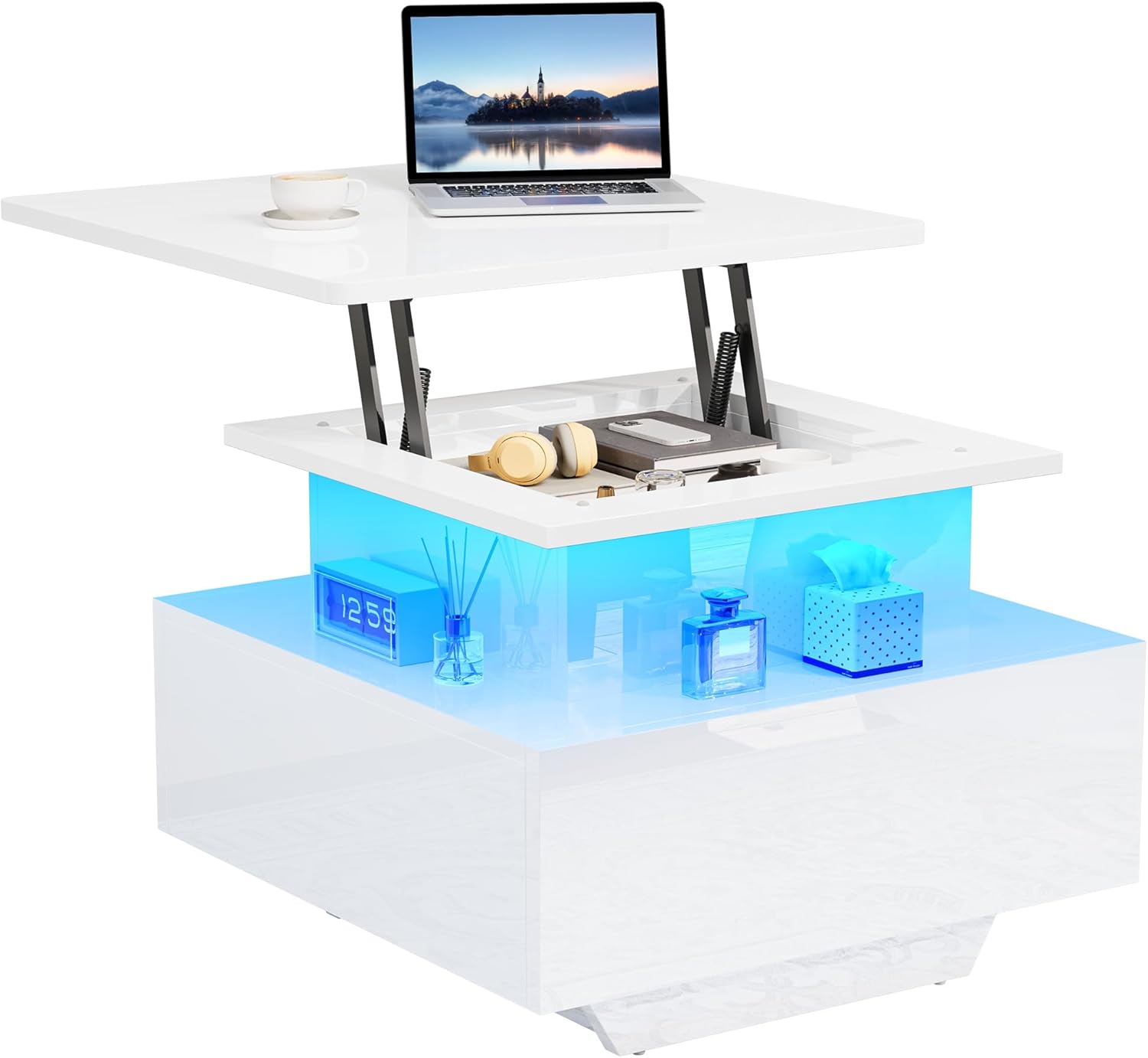 YITAHOME Couchtisch Höhenverstellbar mit LED Beleuchtung Modern, 60x60x45cm, Wohnzimmertisch Hochglanz mit Offenem Ausstellungsregal und 2 Schubladen