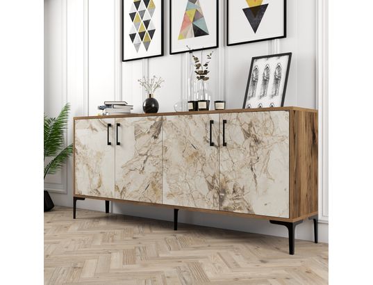 CONCEPT1 - Bahut Kiev noyer marbre blanc 180 x 35 x 78cm