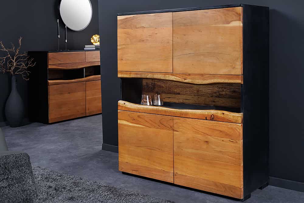 Massivholz Highboard GRAND ACACIA 120cm braun Akazie mit LED-Beleuchtung Baumkante