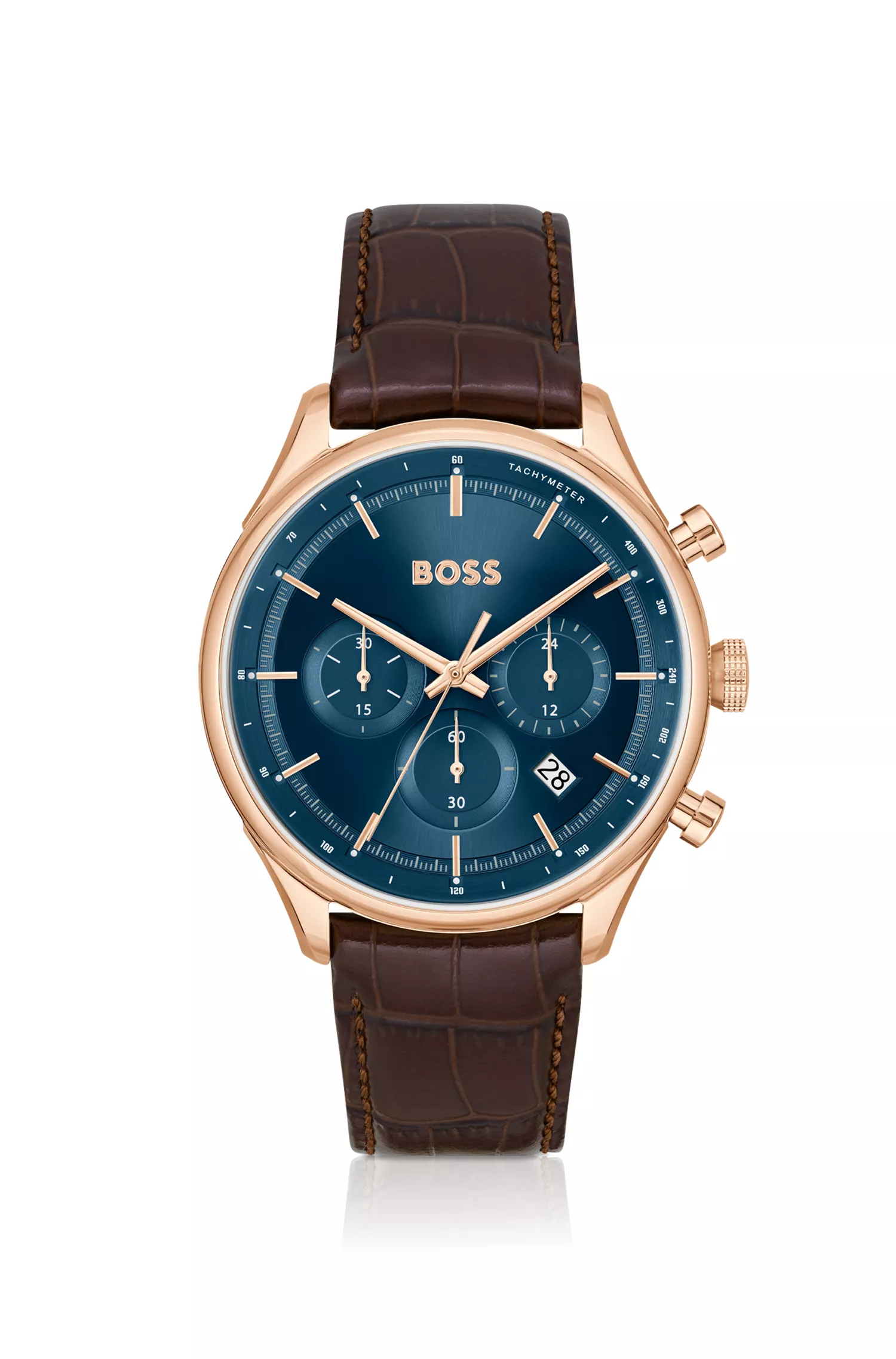 Relógio cronógrafo BOSS preto e dourado com pulseira de couro marrom.