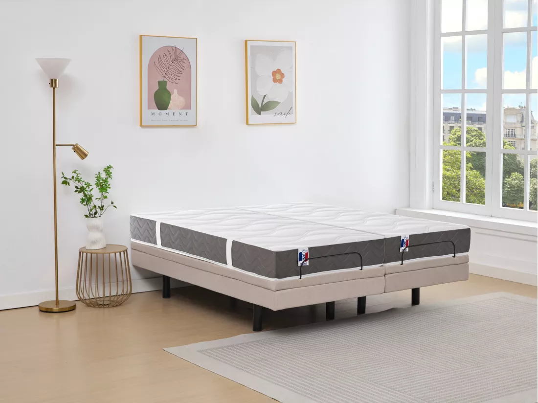 Lit électrique de relaxation déco + matelas 100% latex 3 zones - 2 x 90 x 200 cm - Tissu - Beige - PANISOLA de YSMÉE