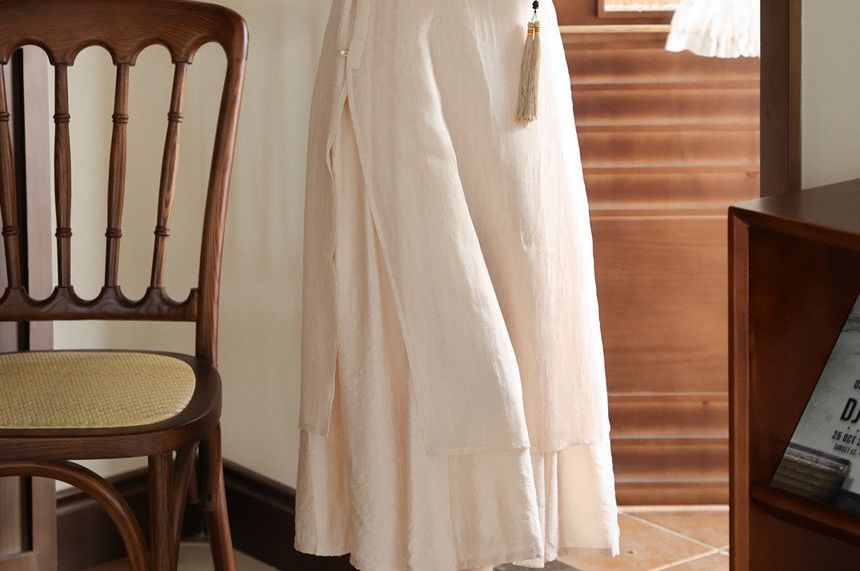 Fioridi - Set: Hanfu lange top met korte mouwen + spaghettibandjes effen midi A-lijn jurk