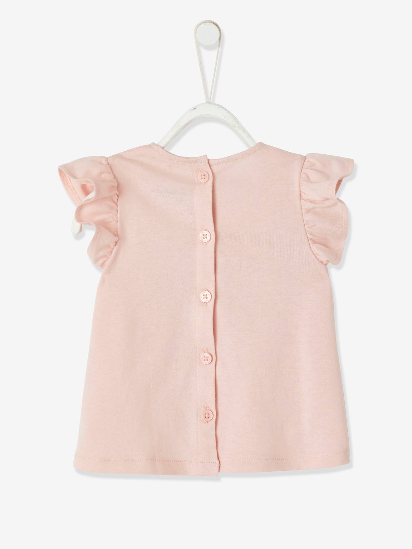 Camiseta infantil com estampa floral em relevo, rosa claro, lisa.