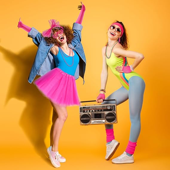 (19-tlg. Set) Fasnachts Erwachsenen Kostüm 80er Jahre Neon Verkleidung für Motto Partys inkl. Netzhandschuhe / Tüllrock / Stulpen / Brille - Pink
