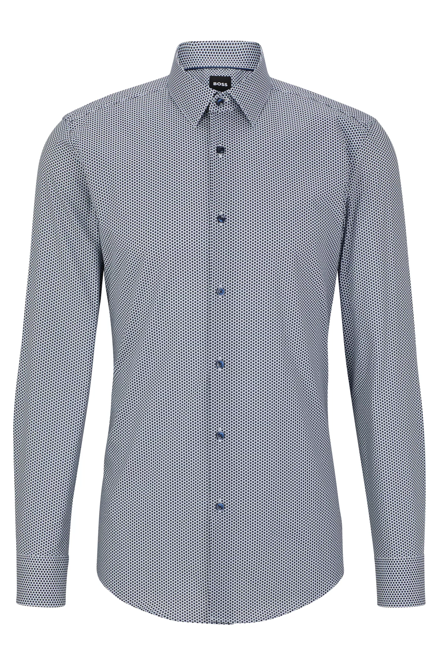 Camisa BOSS preta de corte slim, em algodão orgânico estampado com elastano.